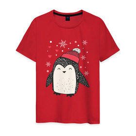 Мужская футболка хлопок с принтом Пингвин в шапке в Екатеринбурге, 100% хлопок | прямой крой, круглый вырез горловины, длина до линии бедер, слегка спущенное плечо. | christmas | new year | winter | зима | новый год | пингвин | рождество
