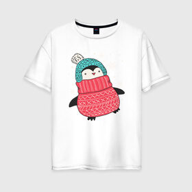 Женская футболка хлопок Oversize с принтом Зимний пингвин в Екатеринбурге, 100% хлопок | свободный крой, круглый ворот, спущенный рукав, длина до линии бедер
 | christmas | new year | winter | зима | новый год | пингвин | рождество