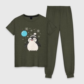 Женская пижама хлопок с принтом Пингвин с шариком в Екатеринбурге, 100% хлопок | брюки и футболка прямого кроя, без карманов, на брюках мягкая резинка на поясе и по низу штанин | christmas | new year | winter | зима | новый год | пингвин | рождество