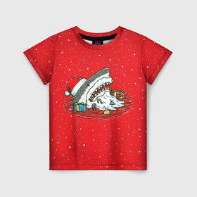 Детская футболка 3D с принтом Акула Дед Мороз в Екатеринбурге, 100% гипоаллергенный полиэфир | прямой крой, круглый вырез горловины, длина до линии бедер, чуть спущенное плечо, ткань немного тянется | christmas | new year | shark | новый год | рождество | санта