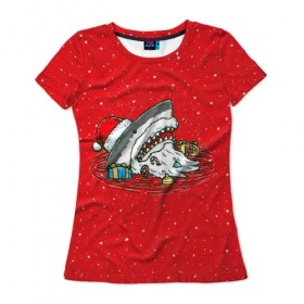 Женская футболка 3D с принтом Акула Дед Мороз в Екатеринбурге, 100% полиэфир ( синтетическое хлопкоподобное полотно) | прямой крой, круглый вырез горловины, длина до линии бедер | christmas | new year | shark | новый год | рождество | санта
