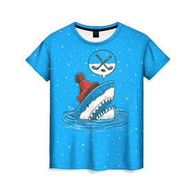 Женская футболка 3D с принтом Акула хоккейный фанат в Екатеринбурге, 100% полиэфир ( синтетическое хлопкоподобное полотно) | прямой крой, круглый вырез горловины, длина до линии бедер | fan | fish | hochey | ocean | predator | sea | shark | water | акула | вода | игра | лед | море | океан | рыба | фанат | хищник | хоккей | шайба