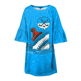 Детское платье 3D с принтом Акула хоккейный фанат в Екатеринбурге, 100% полиэстер | прямой силуэт, чуть расширенный к низу. Круглая горловина, на рукавах — воланы | Тематика изображения на принте: fan | fish | hochey | ocean | predator | sea | shark | water | акула | вода | игра | лед | море | океан | рыба | фанат | хищник | хоккей | шайба