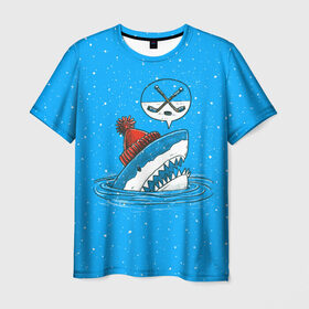 Мужская футболка 3D с принтом Акула хоккейный фанат в Екатеринбурге, 100% полиэфир | прямой крой, круглый вырез горловины, длина до линии бедер | Тематика изображения на принте: fan | fish | hochey | ocean | predator | sea | shark | water | акула | вода | игра | лед | море | океан | рыба | фанат | хищник | хоккей | шайба