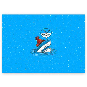 Поздравительная открытка с принтом Акула хоккейный фанат в Екатеринбурге, 100% бумага | плотность бумаги 280 г/м2, матовая, на обратной стороне линовка и место для марки
 | fan | fish | hochey | ocean | predator | sea | shark | water | акула | вода | игра | лед | море | океан | рыба | фанат | хищник | хоккей | шайба