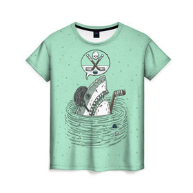 Женская футболка 3D с принтом Акула хоккеист в Екатеринбурге, 100% полиэфир ( синтетическое хлопкоподобное полотно) | прямой крой, круглый вырез горловины, длина до линии бедер | fan | fish | hochey | ocean | predator | sea | shark | water | акула | вода | игра | лед | море | океан | рыба | фанат | хищник | хоккей | шайба