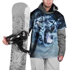 Накидка на куртку 3D с принтом Белый тигр в Екатеринбурге, 100% полиэстер |  | зима | клыки | метель | пасть | снег | тигр | хищник