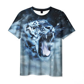 Мужская футболка 3D с принтом Белый тигр в Екатеринбурге, 100% полиэфир | прямой крой, круглый вырез горловины, длина до линии бедер | зима | клыки | метель | пасть | снег | тигр | хищник