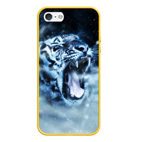 Чехол для iPhone 5/5S матовый с принтом Белый тигр в Екатеринбурге, Силикон | Область печати: задняя сторона чехла, без боковых панелей | зима | клыки | метель | пасть | снег | тигр | хищник