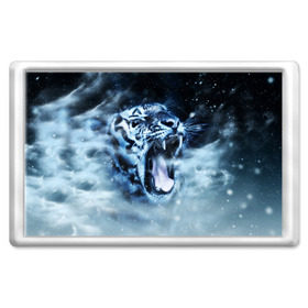 Магнит 45*70 с принтом Белый тигр в Екатеринбурге, Пластик | Размер: 78*52 мм; Размер печати: 70*45 | зима | клыки | метель | пасть | снег | тигр | хищник