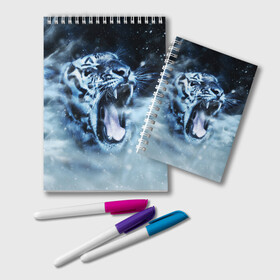 Блокнот с принтом Белый тигр в Екатеринбурге, 100% бумага | 48 листов, плотность листов — 60 г/м2, плотность картонной обложки — 250 г/м2. Листы скреплены удобной пружинной спиралью. Цвет линий — светло-серый
 | Тематика изображения на принте: зима | клыки | метель | пасть | снег | тигр | хищник