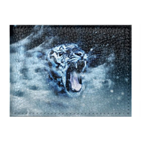 Обложка для студенческого билета с принтом Белый тигр в Екатеринбурге, натуральная кожа | Размер: 11*8 см; Печать на всей внешней стороне | Тематика изображения на принте: зима | клыки | метель | пасть | снег | тигр | хищник