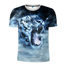 Мужская футболка 3D спортивная с принтом Белый тигр в Екатеринбурге, 100% полиэстер с улучшенными характеристиками | приталенный силуэт, круглая горловина, широкие плечи, сужается к линии бедра | зима | клыки | метель | пасть | снег | тигр | хищник
