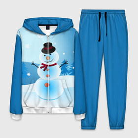 Мужской костюм 3D с принтом Снеговик в Екатеринбурге, 100% полиэстер | Манжеты и пояс оформлены тканевой резинкой, двухслойный капюшон со шнурком для регулировки, карманы спереди | дед мороз | зима | новый год | праздник | снеговик | снежинки