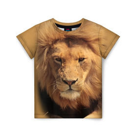 Детская футболка 3D с принтом Лев в Екатеринбурге, 100% гипоаллергенный полиэфир | прямой крой, круглый вырез горловины, длина до линии бедер, чуть спущенное плечо, ткань немного тянется | Тематика изображения на принте: животные | кошка | лев | тигр | хищник