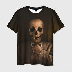 Мужская футболка 3D с принтом Скелет в пиджаке в Екатеринбурге, 100% полиэфир | прямой крой, круглый вырез горловины, длина до линии бедер | кости | пиджак | скелет | ужас | череп