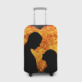 Чехол для чемодана 3D с принтом Огненная любовь в Екатеринбурге, 86% полиэфир, 14% спандекс | двустороннее нанесение принта, прорези для ручек и колес | любовь | огонь | пламя | сердце | танец