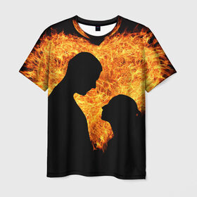 Мужская футболка 3D с принтом Огненная любовь в Екатеринбурге, 100% полиэфир | прямой крой, круглый вырез горловины, длина до линии бедер | Тематика изображения на принте: любовь | огонь | пламя | сердце | танец