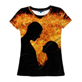 Женская футболка 3D с принтом Огненная любовь в Екатеринбурге, 100% полиэфир ( синтетическое хлопкоподобное полотно) | прямой крой, круглый вырез горловины, длина до линии бедер | любовь | огонь | пламя | сердце | танец