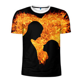 Мужская футболка 3D спортивная с принтом Огненная любовь в Екатеринбурге, 100% полиэстер с улучшенными характеристиками | приталенный силуэт, круглая горловина, широкие плечи, сужается к линии бедра | Тематика изображения на принте: любовь | огонь | пламя | сердце | танец