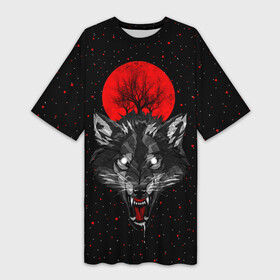 Платье-футболка 3D с принтом Кровавая Луна в Екатеринбурге,  |  | animal | beast | cosmos | galaxy | hipster | moon | night | planet | roar | space | star | universe | wolf | вой | волк | вселенная | галактика | животное | звезды | зверь | космос | луна | планета | рык
