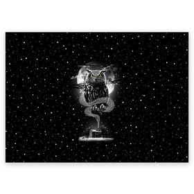 Поздравительная открытка с принтом Ночная сова в Екатеринбурге, 100% бумага | плотность бумаги 280 г/м2, матовая, на обратной стороне линовка и место для марки
 | astronaut | bird | cosmonaut | cosmos | galaxy | hipster | moon | night | owl | planet | space | star | universe | вселенная | галактика | звезды | космонавт | космос | луна | планета | птица | сова