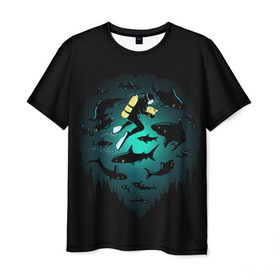 Мужская футболка 3D с принтом Подводный мир в Екатеринбурге, 100% полиэфир | прямой крой, круглый вырез горловины, длина до линии бедер | Тематика изображения на принте: fish | ocean | predator | sea | shark | under | акула | вода | дайвер | дайвинг | море | океан | рыба | хищник