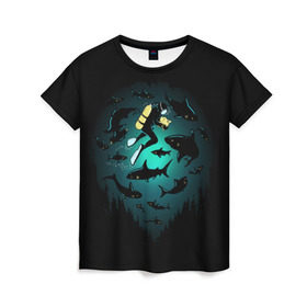 Женская футболка 3D с принтом Подводный мир в Екатеринбурге, 100% полиэфир ( синтетическое хлопкоподобное полотно) | прямой крой, круглый вырез горловины, длина до линии бедер | fish | ocean | predator | sea | shark | under | акула | вода | дайвер | дайвинг | море | океан | рыба | хищник