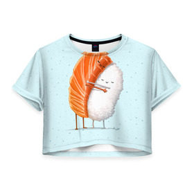 Женская футболка 3D укороченная с принтом Суши друзья в Екатеринбурге, 100% полиэстер | круглая горловина, длина футболки до линии талии, рукава с отворотами | Тематика изображения на принте: china | eat | fish | food | japan | sushi | лосось | прикол | рис | ролл | рыба | суши