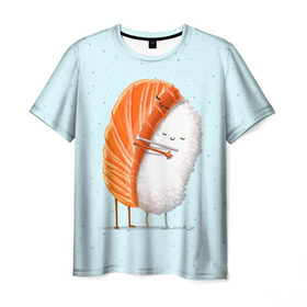 Мужская футболка 3D с принтом Суши друзья в Екатеринбурге, 100% полиэфир | прямой крой, круглый вырез горловины, длина до линии бедер | china | eat | fish | food | japan | sushi | лосось | прикол | рис | ролл | рыба | суши