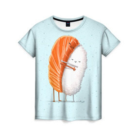 Женская футболка 3D с принтом Суши друзья в Екатеринбурге, 100% полиэфир ( синтетическое хлопкоподобное полотно) | прямой крой, круглый вырез горловины, длина до линии бедер | Тематика изображения на принте: china | eat | fish | food | japan | sushi | лосось | прикол | рис | ролл | рыба | суши