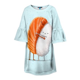 Детское платье 3D с принтом Суши друзья в Екатеринбурге, 100% полиэстер | прямой силуэт, чуть расширенный к низу. Круглая горловина, на рукавах — воланы | china | eat | fish | food | japan | sushi | лосось | прикол | рис | ролл | рыба | суши