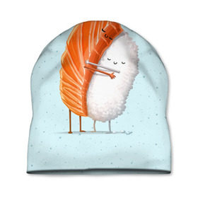 Шапка 3D с принтом Суши друзья в Екатеринбурге, 100% полиэстер | универсальный размер, печать по всей поверхности изделия | Тематика изображения на принте: china | eat | fish | food | japan | sushi | лосось | прикол | рис | ролл | рыба | суши
