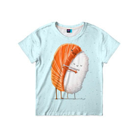Детская футболка 3D с принтом Суши друзья в Екатеринбурге, 100% гипоаллергенный полиэфир | прямой крой, круглый вырез горловины, длина до линии бедер, чуть спущенное плечо, ткань немного тянется | Тематика изображения на принте: china | eat | fish | food | japan | sushi | лосось | прикол | рис | ролл | рыба | суши