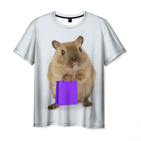 Мужская футболка 3D с принтом Хомяк с сумкой в Екатеринбурге, 100% полиэфир | прямой крой, круглый вырез горловины, длина до линии бедер | Тематика изображения на принте: грызун | животные | крыса | мышь | хомяк | яблоко