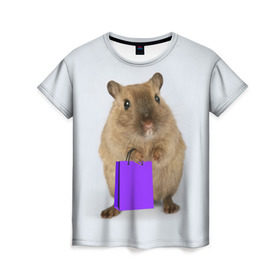 Женская футболка 3D с принтом Хомяк с сумкой в Екатеринбурге, 100% полиэфир ( синтетическое хлопкоподобное полотно) | прямой крой, круглый вырез горловины, длина до линии бедер | грызун | животные | крыса | мышь | хомяк | яблоко