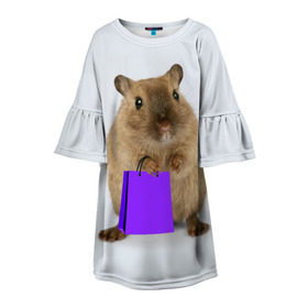 Детское платье 3D с принтом Хомяк с сумкой в Екатеринбурге, 100% полиэстер | прямой силуэт, чуть расширенный к низу. Круглая горловина, на рукавах — воланы | Тематика изображения на принте: грызун | животные | крыса | мышь | хомяк | яблоко