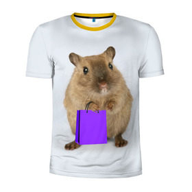 Мужская футболка 3D спортивная с принтом Хомяк с сумкой в Екатеринбурге, 100% полиэстер с улучшенными характеристиками | приталенный силуэт, круглая горловина, широкие плечи, сужается к линии бедра | Тематика изображения на принте: грызун | животные | крыса | мышь | хомяк | яблоко