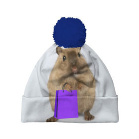 Шапка 3D c помпоном с принтом Хомяк с сумкой в Екатеринбурге, 100% полиэстер | универсальный размер, печать по всей поверхности изделия | Тематика изображения на принте: грызун | животные | крыса | мышь | хомяк | яблоко