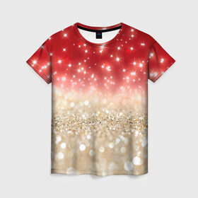 Женская футболка 3D с принтом Золотой звездопад в Екатеринбурге, 100% полиэфир ( синтетическое хлопкоподобное полотно) | прямой крой, круглый вырез горловины, длина до линии бедер | год | звездопад | золото | новый | рождество | сочельник | эксклюзив