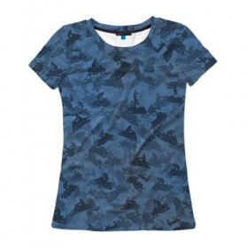 Женская футболка 3D с принтом Камуфляж со снегоходами в Екатеринбурге, 100% полиэфир ( синтетическое хлопкоподобное полотно) | прямой крой, круглый вырез горловины, длина до линии бедер | зима | милитари | синий | снег | снегоход | текстура | экстремальный | экстрим