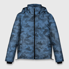 Мужская зимняя куртка 3D с принтом Камуфляж со снегоходами в Екатеринбурге, верх — 100% полиэстер; подкладка — 100% полиэстер; утеплитель — 100% полиэстер | длина ниже бедра, свободный силуэт Оверсайз. Есть воротник-стойка, отстегивающийся капюшон и ветрозащитная планка. 

Боковые карманы с листочкой на кнопках и внутренний карман на молнии. | Тематика изображения на принте: зима | милитари | синий | снег | снегоход | текстура | экстремальный | экстрим