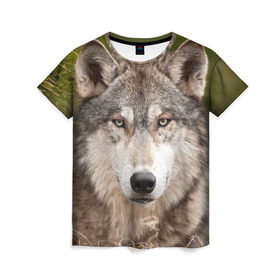 Женская футболка 3D с принтом Волк в Екатеринбурге, 100% полиэфир ( синтетическое хлопкоподобное полотно) | прямой крой, круглый вырез горловины, длина до линии бедер | animal | eyes | forest | predator | wild | wolf | взгляд | волк | дикий | животное | зверь | лес | хищник