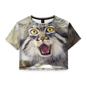 Женская футболка 3D укороченная с принтом Дикий кот в Екатеринбурге, 100% полиэстер | круглая горловина, длина футболки до линии талии, рукава с отворотами | animal | cat | eyes | jaws | predator | teeth | wild | взгляд | дикий | животное | клыки | кот | пасть | хищник