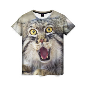 Женская футболка 3D с принтом Дикий кот в Екатеринбурге, 100% полиэфир ( синтетическое хлопкоподобное полотно) | прямой крой, круглый вырез горловины, длина до линии бедер | animal | cat | eyes | jaws | predator | teeth | wild | взгляд | дикий | животное | клыки | кот | пасть | хищник