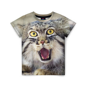 Детская футболка 3D с принтом Дикий кот в Екатеринбурге, 100% гипоаллергенный полиэфир | прямой крой, круглый вырез горловины, длина до линии бедер, чуть спущенное плечо, ткань немного тянется | animal | cat | eyes | jaws | predator | teeth | wild | взгляд | дикий | животное | клыки | кот | пасть | хищник