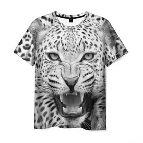 Мужская футболка 3D с принтом Леопард в Екатеринбурге, 100% полиэфир | прямой крой, круглый вырез горловины, длина до линии бедер | animal | eyes | jaws | leopard | malicious | predator | spotted | teeth | wild | взгляд | дикий | животное | злой | клыки | леопард | оскал | пасть | пятнистый | хищник