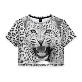 Женская футболка 3D укороченная с принтом Леопард в Екатеринбурге, 100% полиэстер | круглая горловина, длина футболки до линии талии, рукава с отворотами | animal | eyes | jaws | leopard | malicious | predator | spotted | teeth | wild | взгляд | дикий | животное | злой | клыки | леопард | оскал | пасть | пятнистый | хищник