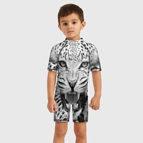 Детский купальный костюм 3D с принтом Леопард в Екатеринбурге, Полиэстер 85%, Спандекс 15% | застежка на молнии на спине | animal | eyes | jaws | leopard | malicious | predator | spotted | teeth | wild | взгляд | дикий | животное | злой | клыки | леопард | оскал | пасть | пятнистый | хищник