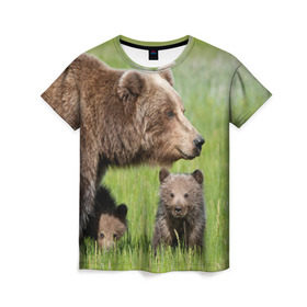 Женская футболка 3D с принтом Медведи в Екатеринбурге, 100% полиэфир ( синтетическое хлопкоподобное полотно) | прямой крой, круглый вырез горловины, длина до линии бедер | animals | bears | children | family | green | meadow | mother | predators | дети | животные | зеленая | мама | медведи | поляна | семья | хищники